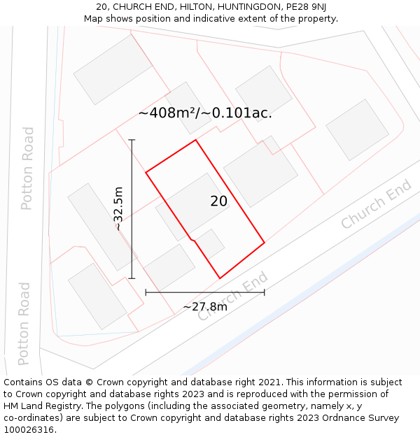 20, CHURCH END, HILTON, HUNTINGDON, PE28 9NJ: Plot and title map