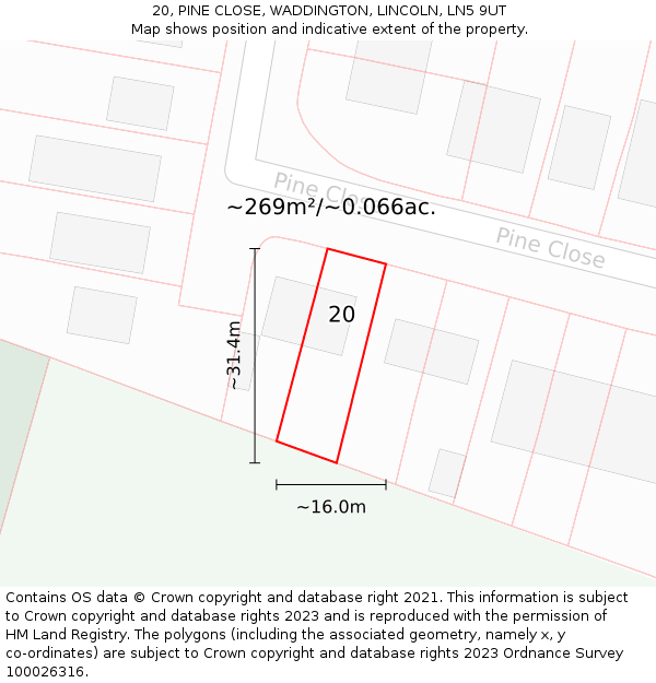 20, PINE CLOSE, WADDINGTON, LINCOLN, LN5 9UT: Plot and title map