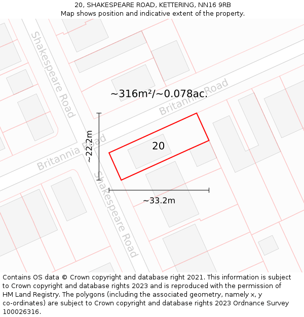 20, SHAKESPEARE ROAD, KETTERING, NN16 9RB: Plot and title map