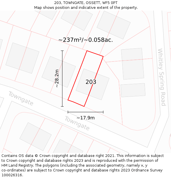 203, TOWNGATE, OSSETT, WF5 0PT: Plot and title map