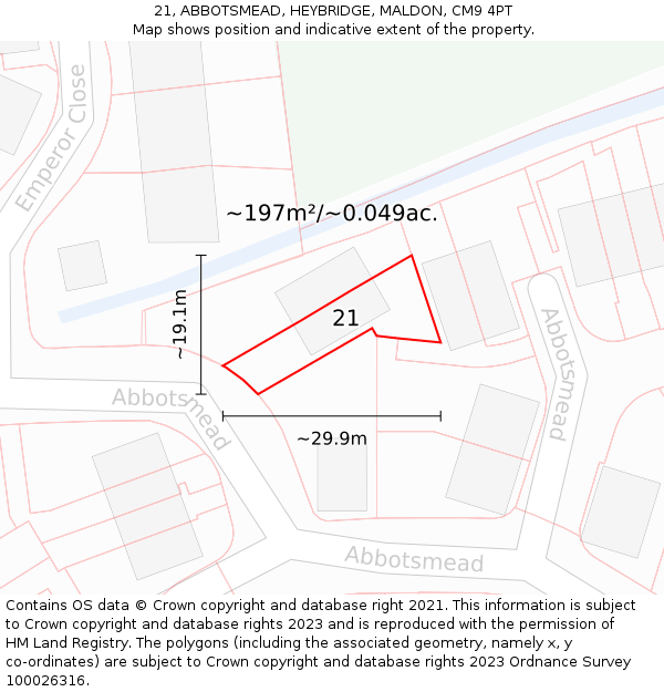 21, ABBOTSMEAD, HEYBRIDGE, MALDON, CM9 4PT: Plot and title map