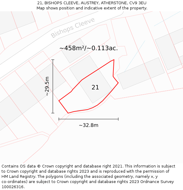 21, BISHOPS CLEEVE, AUSTREY, ATHERSTONE, CV9 3EU: Plot and title map