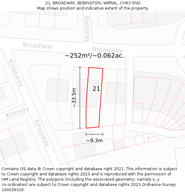 21, BROADWAY, BEBINGTON, WIRRAL, CH63 5ND: Plot and title map
