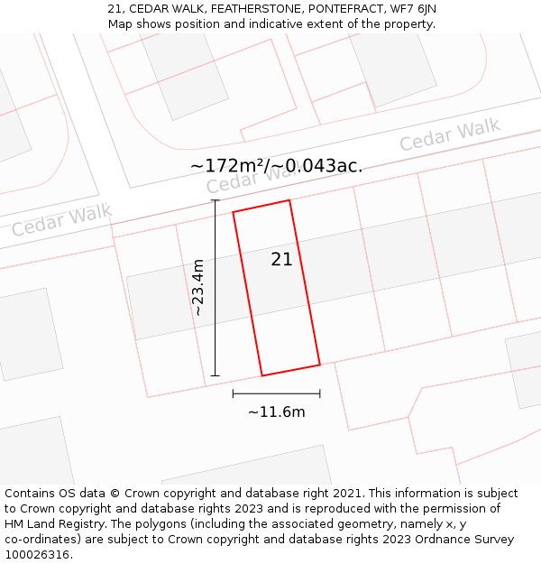 21, CEDAR WALK, FEATHERSTONE, PONTEFRACT, WF7 6JN: Plot and title map