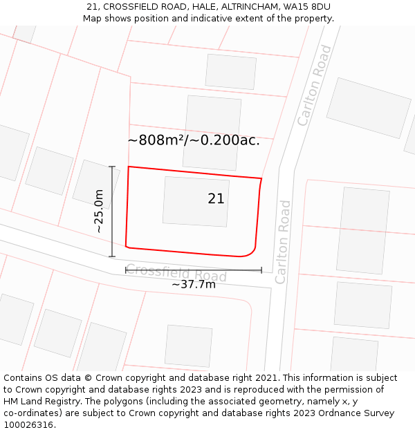 21, CROSSFIELD ROAD, HALE, ALTRINCHAM, WA15 8DU: Plot and title map
