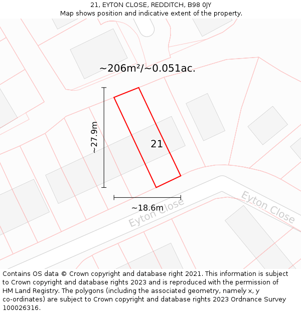 21, EYTON CLOSE, REDDITCH, B98 0JY: Plot and title map