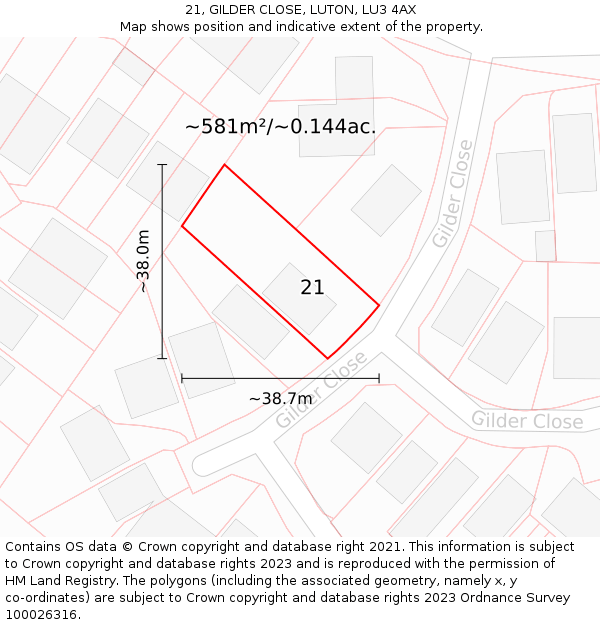 21, GILDER CLOSE, LUTON, LU3 4AX: Plot and title map