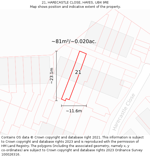 21, HARECASTLE CLOSE, HAYES, UB4 9RE: Plot and title map