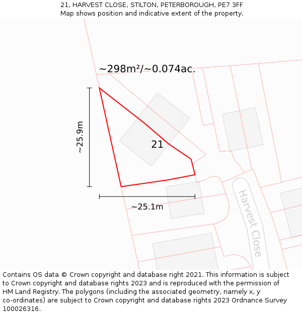 21, HARVEST CLOSE, STILTON, PETERBOROUGH, PE7 3FF: Plot and title map