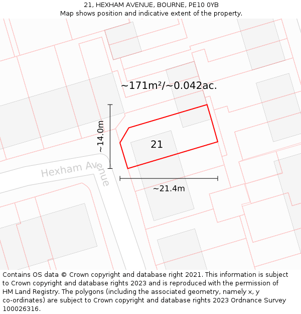 21, HEXHAM AVENUE, BOURNE, PE10 0YB: Plot and title map