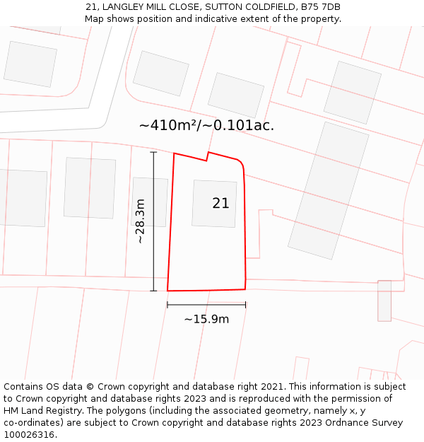 21, LANGLEY MILL CLOSE, SUTTON COLDFIELD, B75 7DB: Plot and title map