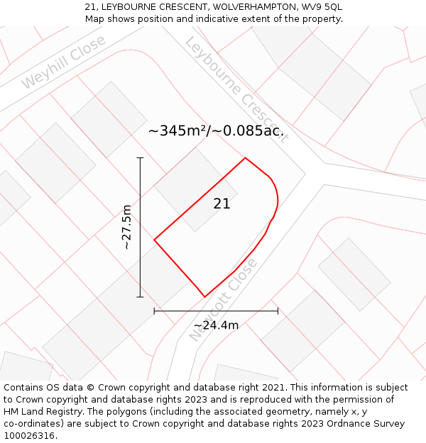 21, LEYBOURNE CRESCENT, WOLVERHAMPTON, WV9 5QL: Plot and title map
