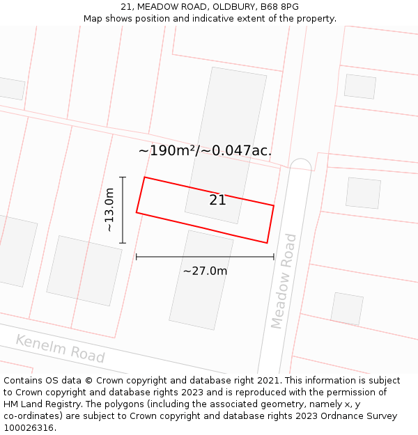 21, MEADOW ROAD, OLDBURY, B68 8PG: Plot and title map