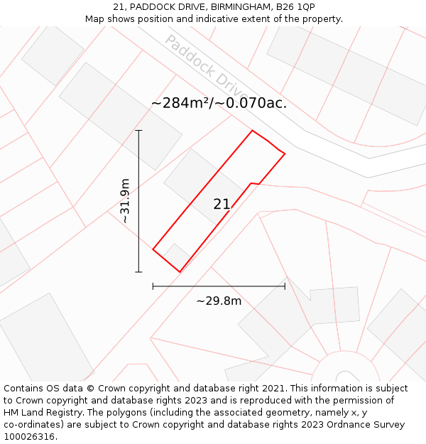 21, PADDOCK DRIVE, BIRMINGHAM, B26 1QP: Plot and title map