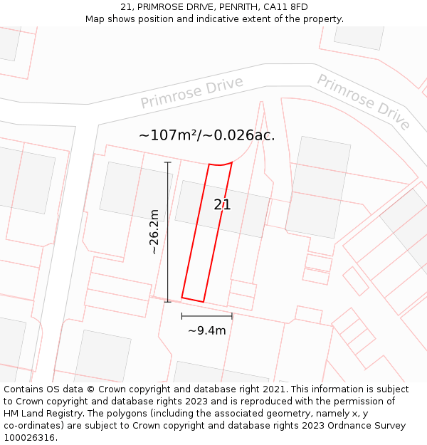 21, PRIMROSE DRIVE, PENRITH, CA11 8FD: Plot and title map