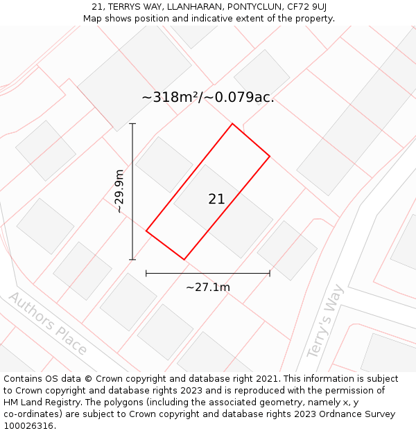21, TERRYS WAY, LLANHARAN, PONTYCLUN, CF72 9UJ: Plot and title map