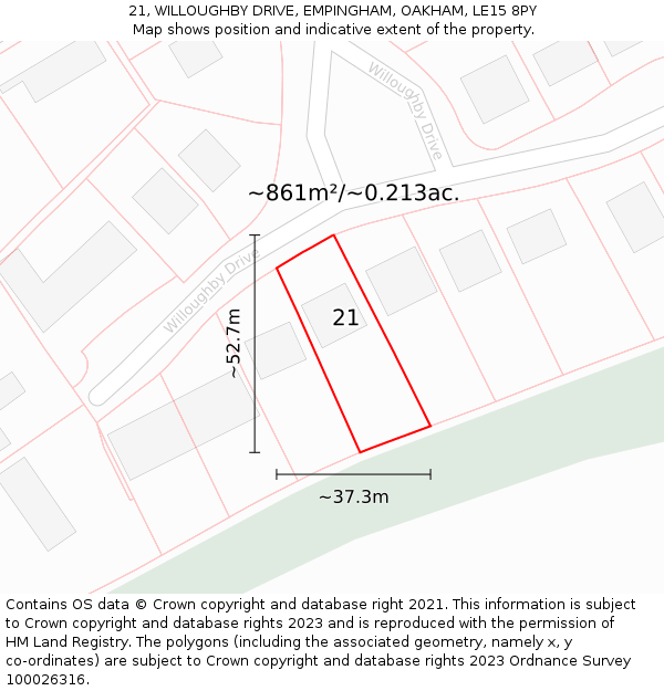 21, WILLOUGHBY DRIVE, EMPINGHAM, OAKHAM, LE15 8PY: Plot and title map