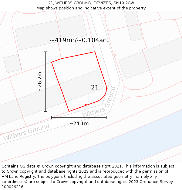 21, WITHERS GROUND, DEVIZES, SN10 2GW: Plot and title map