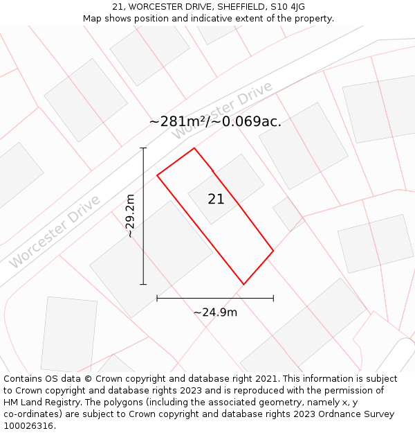 21, WORCESTER DRIVE, SHEFFIELD, S10 4JG: Plot and title map