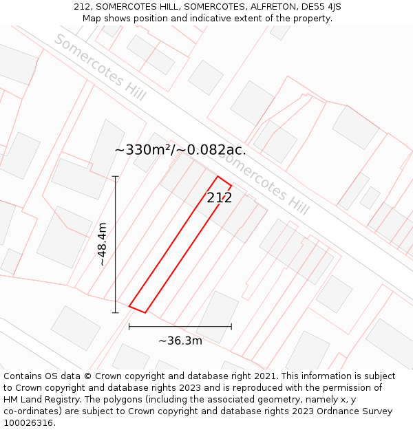 212, SOMERCOTES HILL, SOMERCOTES, ALFRETON, DE55 4JS: Plot and title map