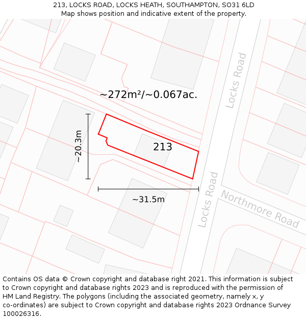 213, LOCKS ROAD, LOCKS HEATH, SOUTHAMPTON, SO31 6LD: Plot and title map