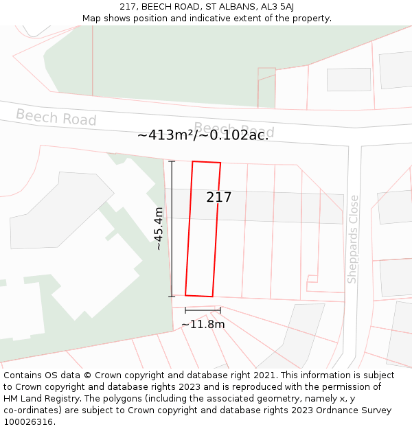 217, BEECH ROAD, ST ALBANS, AL3 5AJ: Plot and title map
