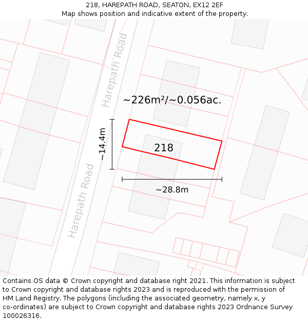 218, HAREPATH ROAD, SEATON, EX12 2EF: Plot and title map