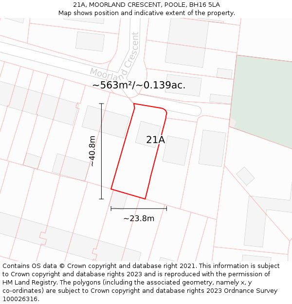 21A, MOORLAND CRESCENT, POOLE, BH16 5LA: Plot and title map