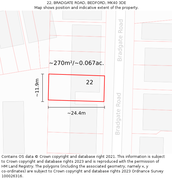 22, BRADGATE ROAD, BEDFORD, MK40 3DE: Plot and title map