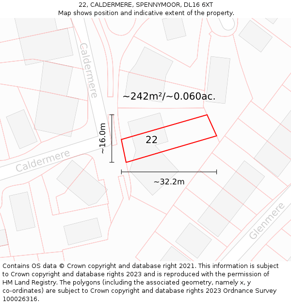 22, CALDERMERE, SPENNYMOOR, DL16 6XT: Plot and title map