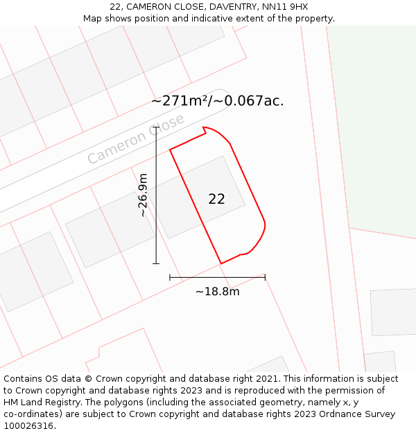 22, CAMERON CLOSE, DAVENTRY, NN11 9HX: Plot and title map