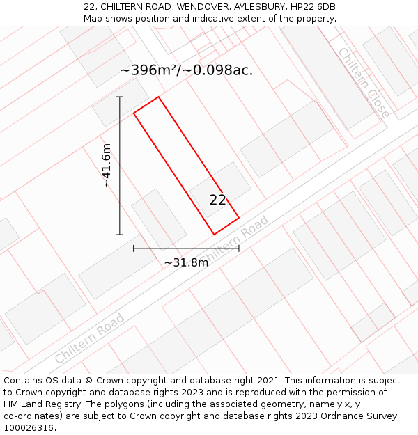22, CHILTERN ROAD, WENDOVER, AYLESBURY, HP22 6DB: Plot and title map