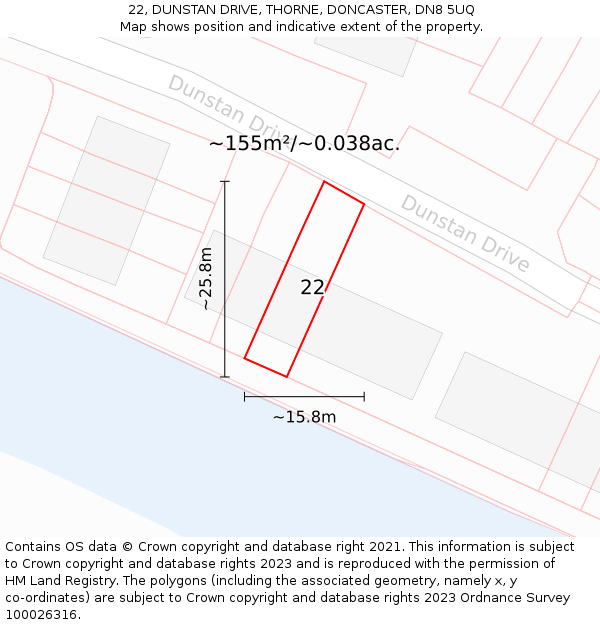22, DUNSTAN DRIVE, THORNE, DONCASTER, DN8 5UQ: Plot and title map