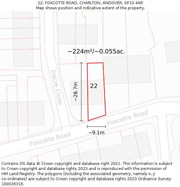 22, FOXCOTTE ROAD, CHARLTON, ANDOVER, SP10 4AR: Plot and title map