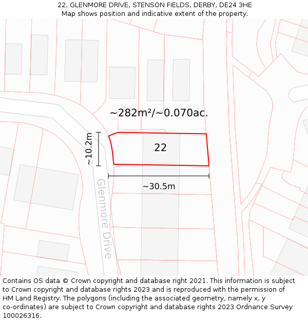 22, GLENMORE DRIVE, STENSON FIELDS, DERBY, DE24 3HE: Plot and title map