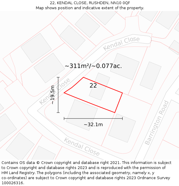 22, KENDAL CLOSE, RUSHDEN, NN10 0QF: Plot and title map