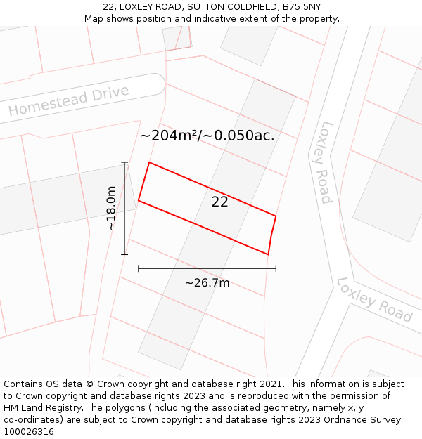 22, LOXLEY ROAD, SUTTON COLDFIELD, B75 5NY: Plot and title map