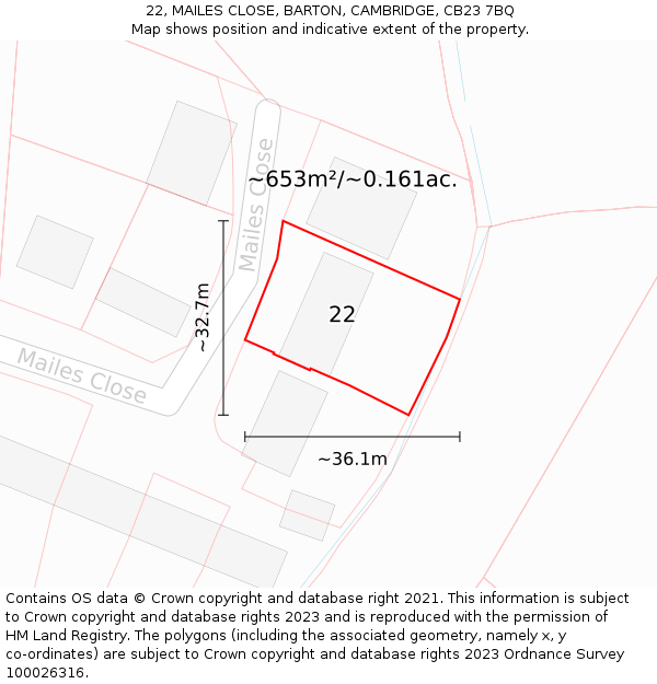 22, MAILES CLOSE, BARTON, CAMBRIDGE, CB23 7BQ: Plot and title map