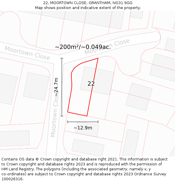 22, MOORTOWN CLOSE, GRANTHAM, NG31 9GG: Plot and title map