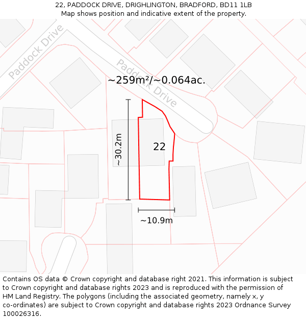 22, PADDOCK DRIVE, DRIGHLINGTON, BRADFORD, BD11 1LB: Plot and title map
