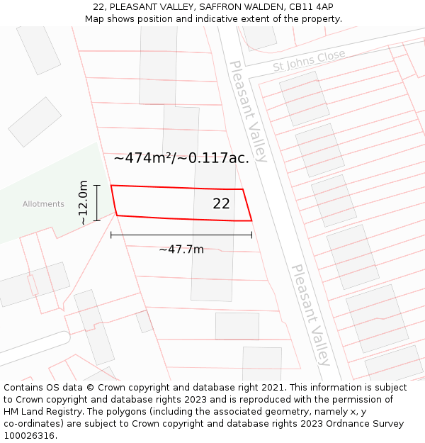 22, PLEASANT VALLEY, SAFFRON WALDEN, CB11 4AP: Plot and title map