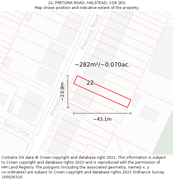 22, PRETORIA ROAD, HALSTEAD, CO9 2EG: Plot and title map