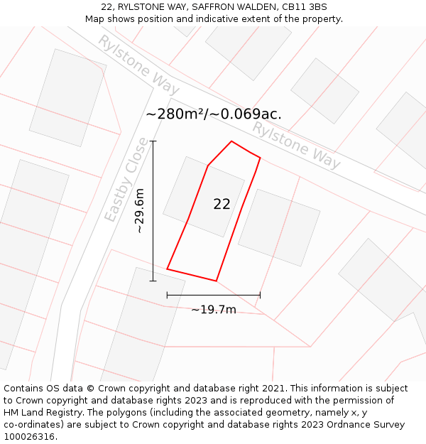 22, RYLSTONE WAY, SAFFRON WALDEN, CB11 3BS: Plot and title map