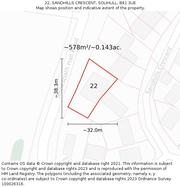 22, SANDHILLS CRESCENT, SOLIHULL, B91 3UE: Plot and title map