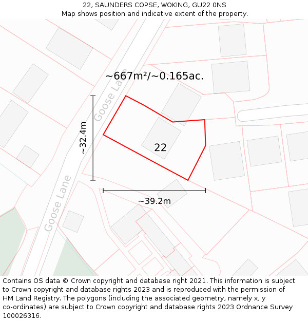 22, SAUNDERS COPSE, WOKING, GU22 0NS: Plot and title map