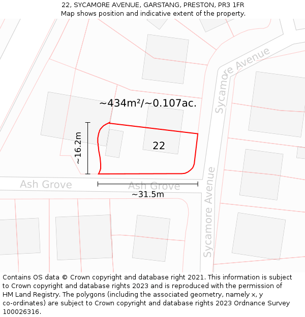 22, SYCAMORE AVENUE, GARSTANG, PRESTON, PR3 1FR: Plot and title map
