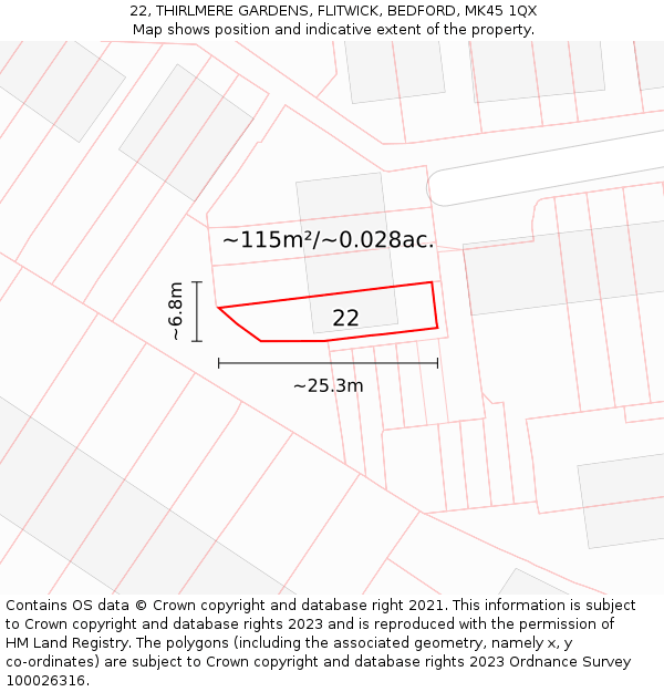 22, THIRLMERE GARDENS, FLITWICK, BEDFORD, MK45 1QX: Plot and title map