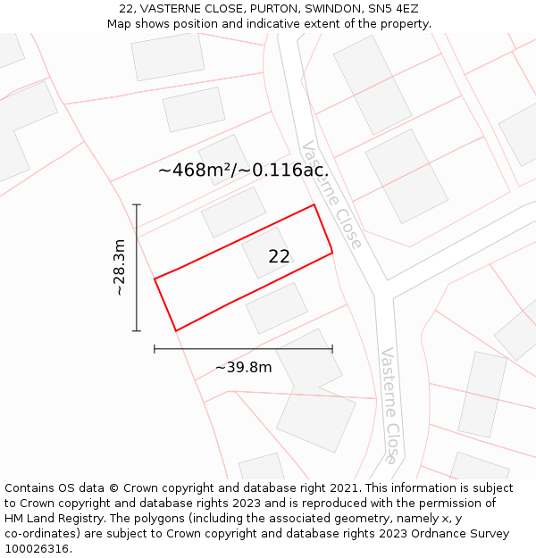22, VASTERNE CLOSE, PURTON, SWINDON, SN5 4EZ: Plot and title map