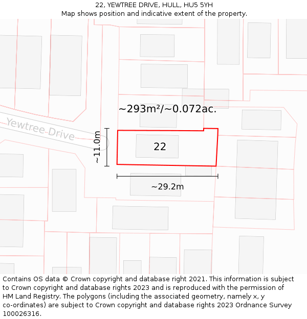 22, YEWTREE DRIVE, HULL, HU5 5YH: Plot and title map