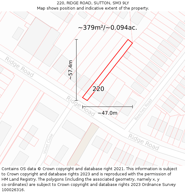 220, RIDGE ROAD, SUTTON, SM3 9LY: Plot and title map